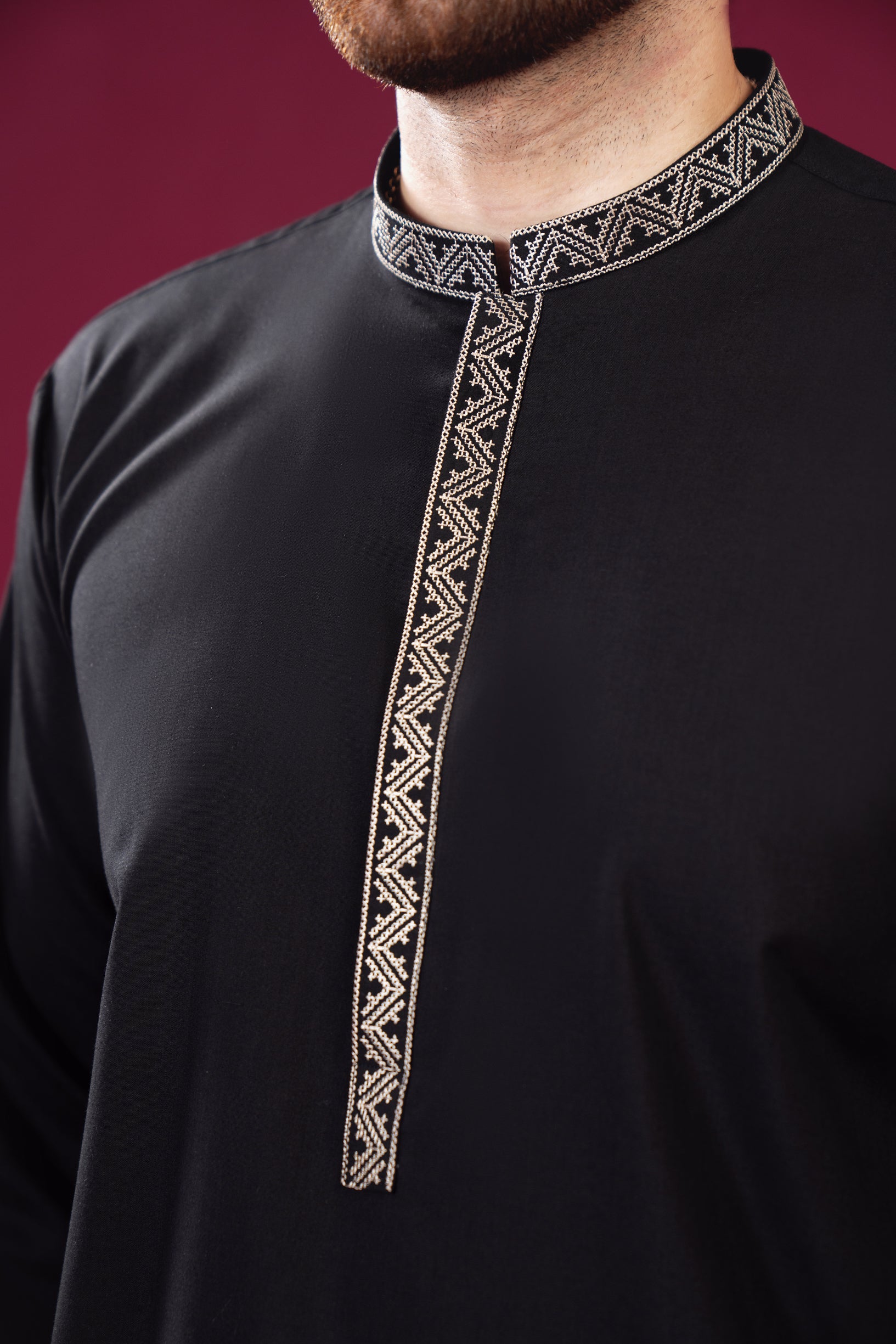 Black Geometric Embroidered Blended Kurta Shalwar (2-Piece) - Image 6