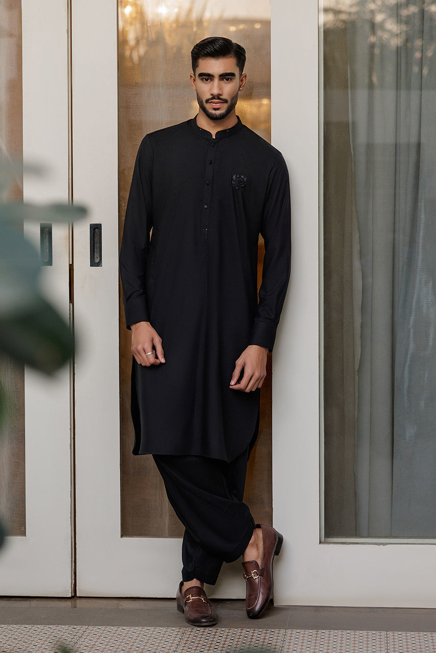 Black Embroidered Boski Linen Shalwar Kameez (2-Piece) - Image 1