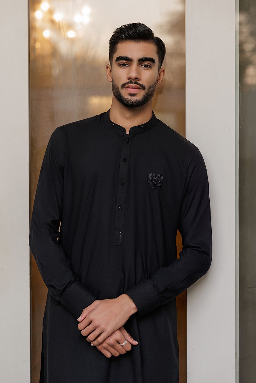 Black Embroidered Boski Linen Shalwar Kameez (2-Piece) - Image 2