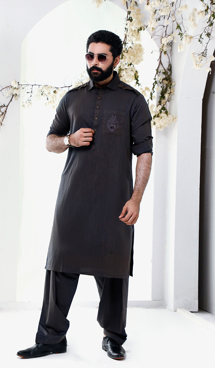 Slate Black Embroidered Premium Fabric Shalwar Kameez (2-Piece) - Image 1
