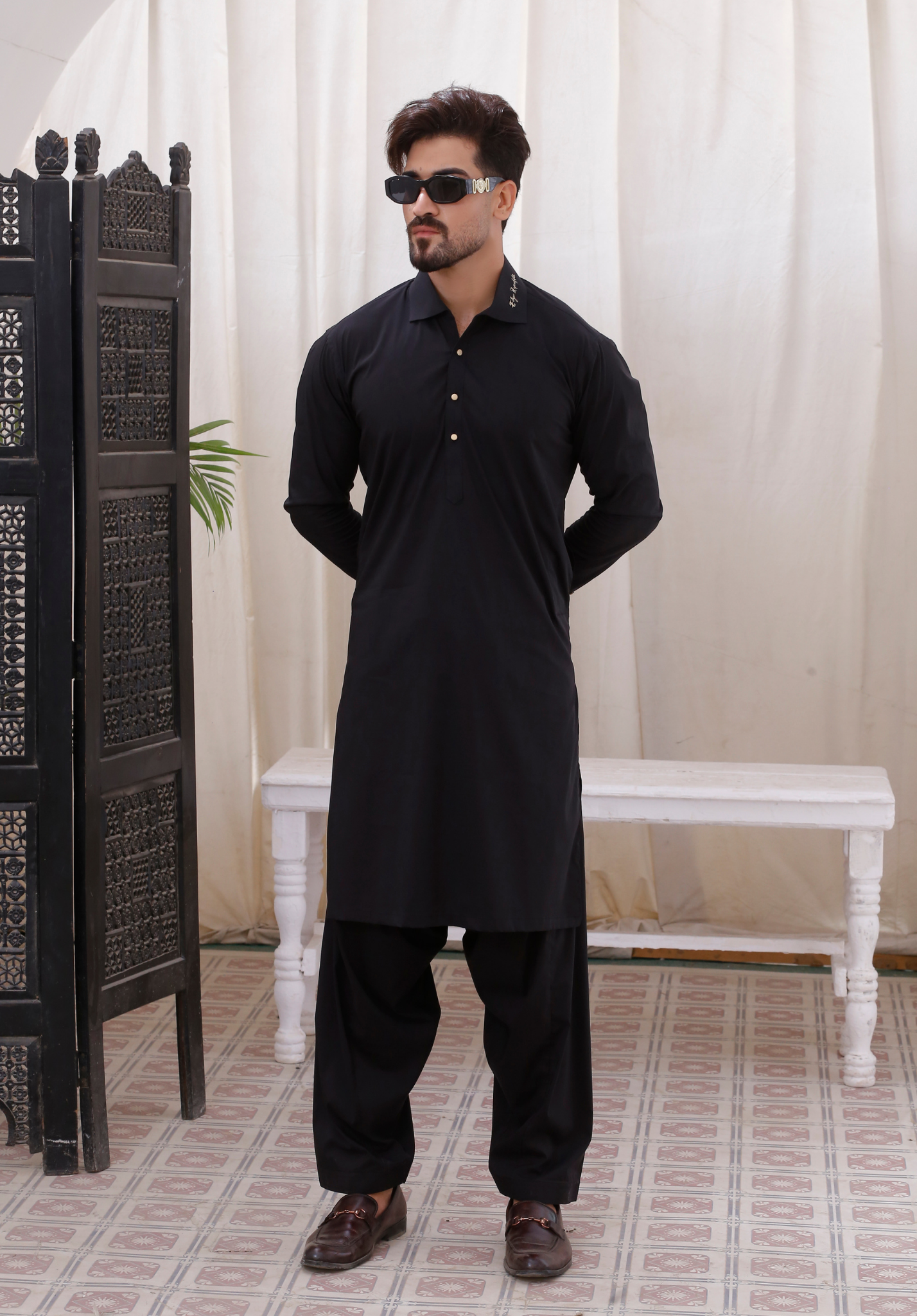 Black Embroidered Cotton Blend Shalwar Kameez (2-Piece) - Image 1