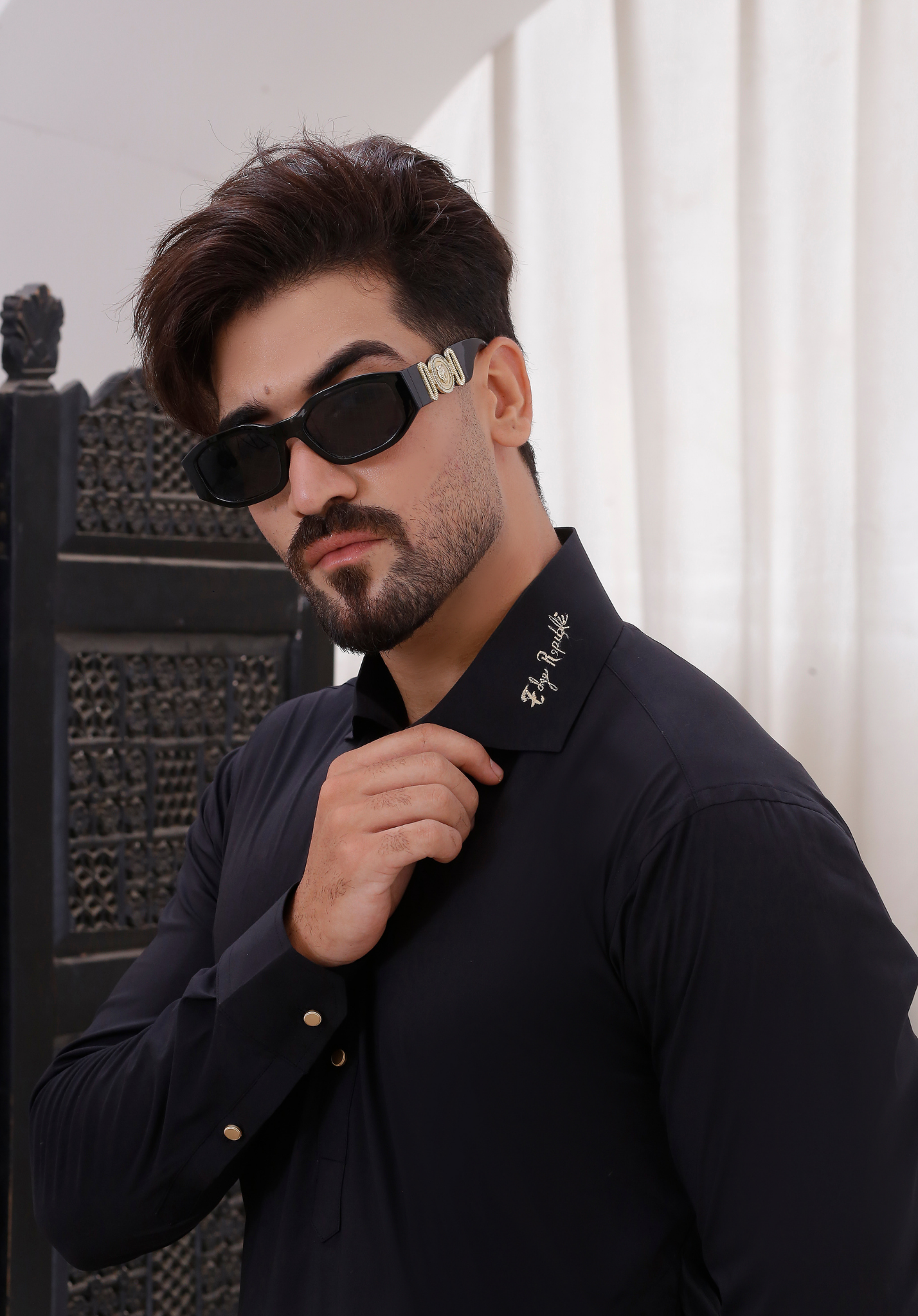 Black Embroidered Cotton Blend Shalwar Kameez (2-Piece) - Image 6