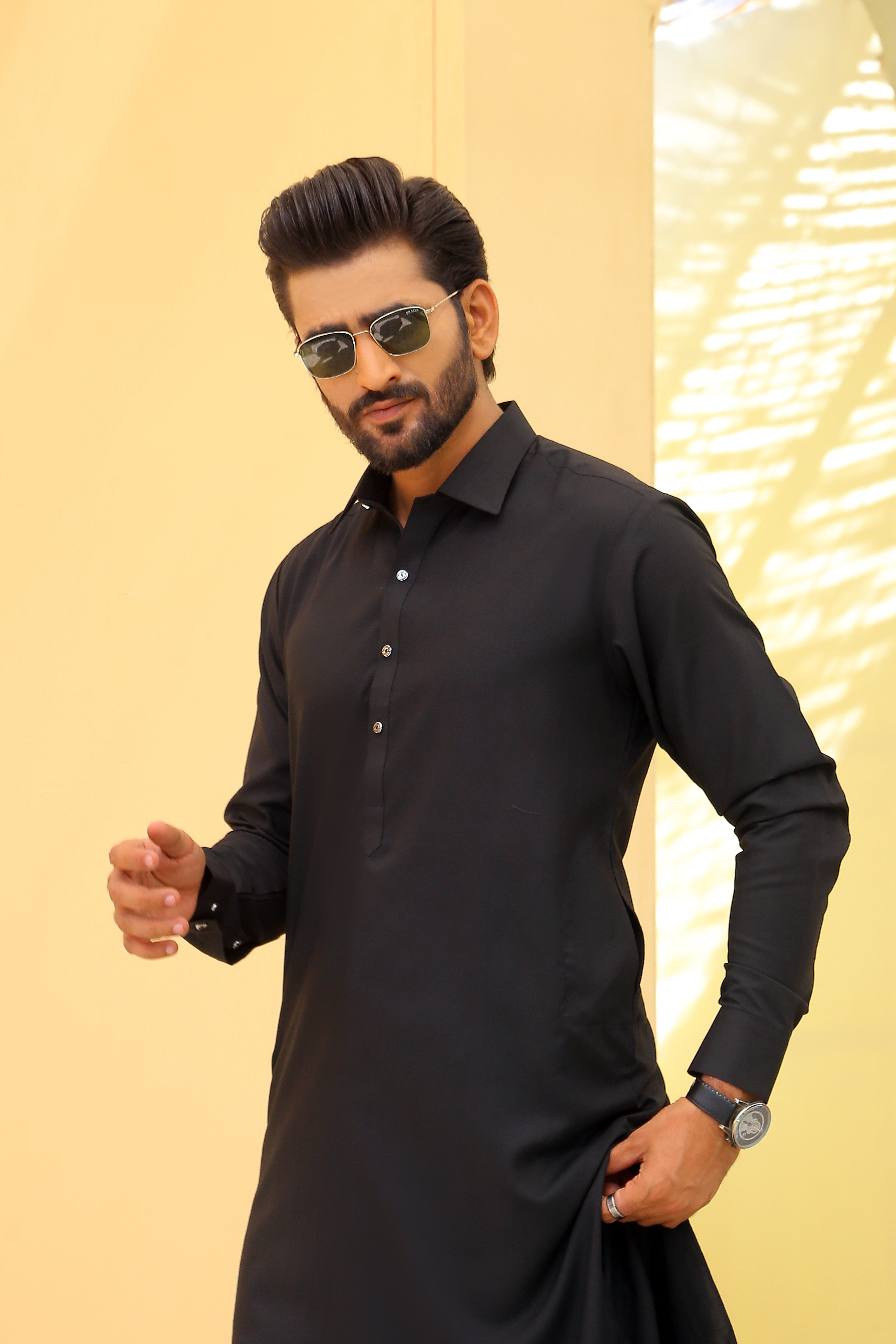 Black Plain Cotton Blend Shalwar Kameez (2-Piece) - Image 1