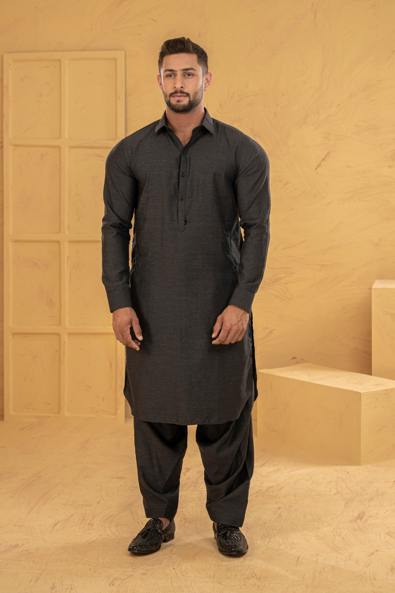 True Black Textured Cotton Blend Shalwar Kameez (2-Piece) - Image 1