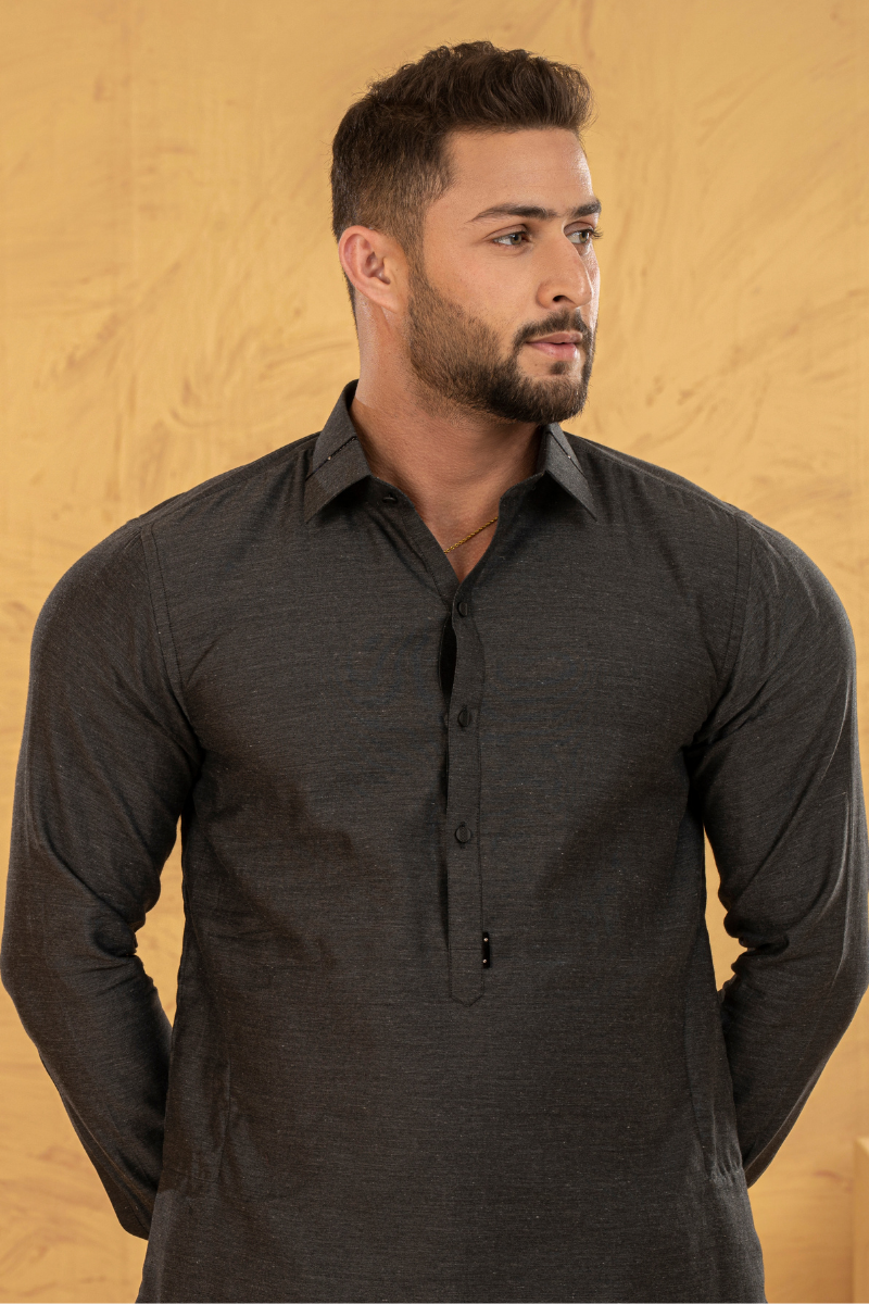 True Black Textured Cotton Blend Shalwar Kameez (2-Piece) - Image 2