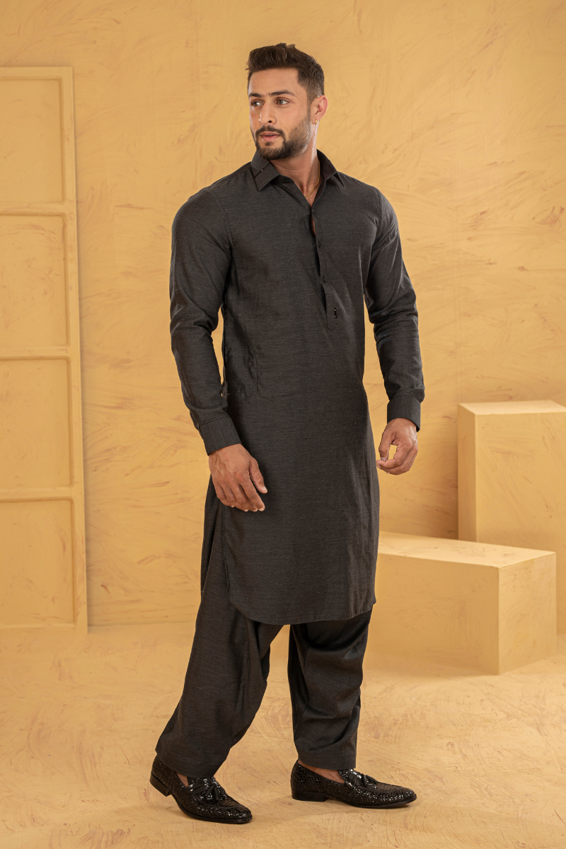 True Black Textured Cotton Blend Shalwar Kameez (2-Piece) - Image 3