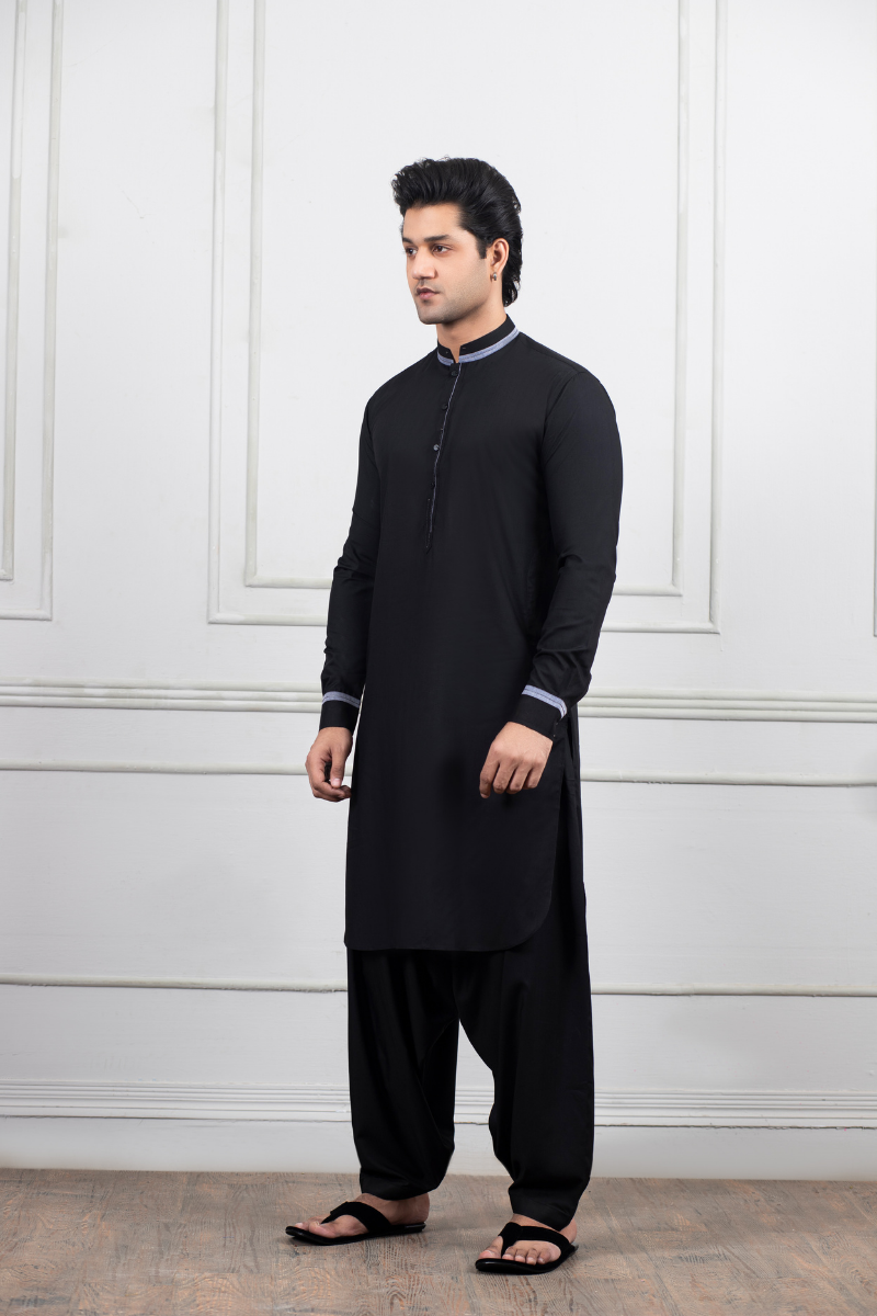 Black Contrast Trim Cotton Blend Shalwar Kameez (2-Piece) - Image 1