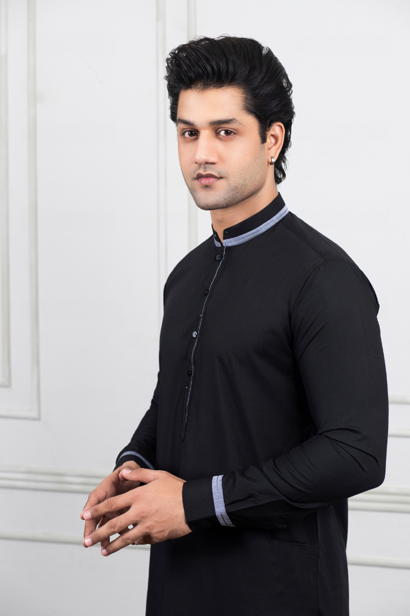 Black Contrast Trim Cotton Blend Shalwar Kameez (2-Piece) - Image 2