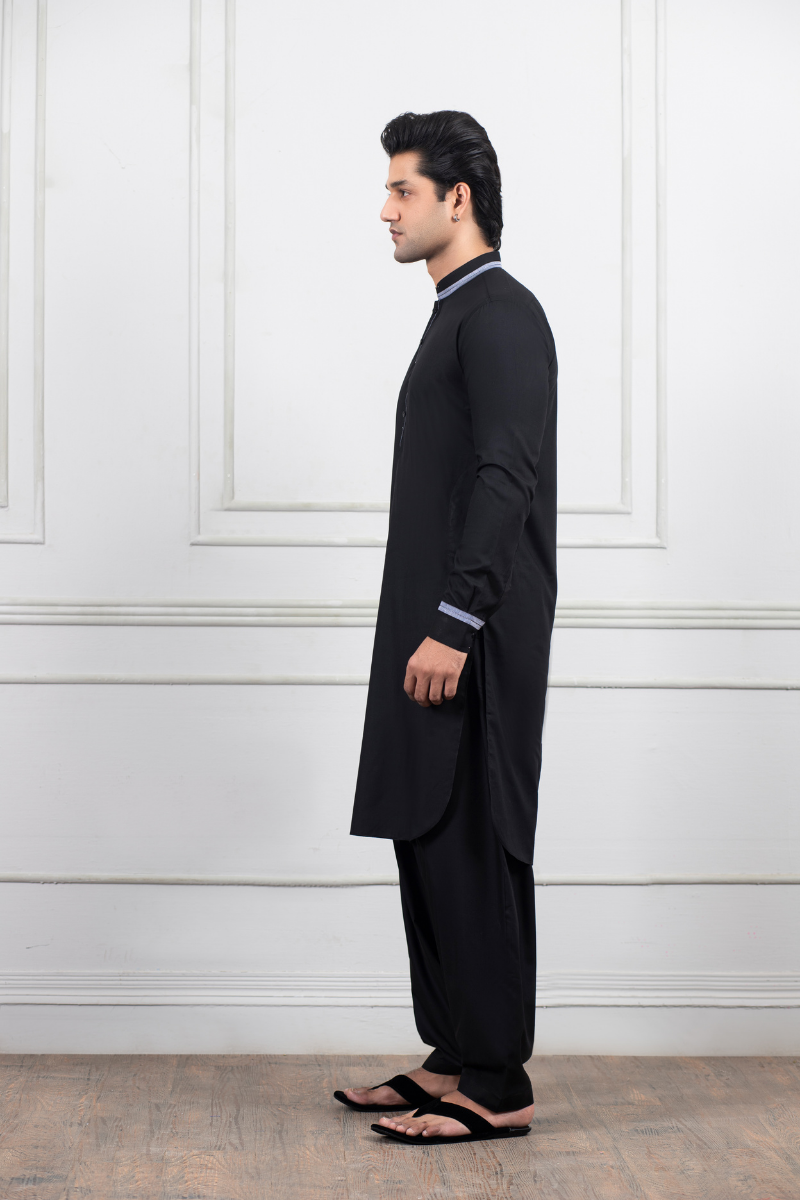 Black Contrast Trim Cotton Blend Shalwar Kameez (2-Piece) - Image 3