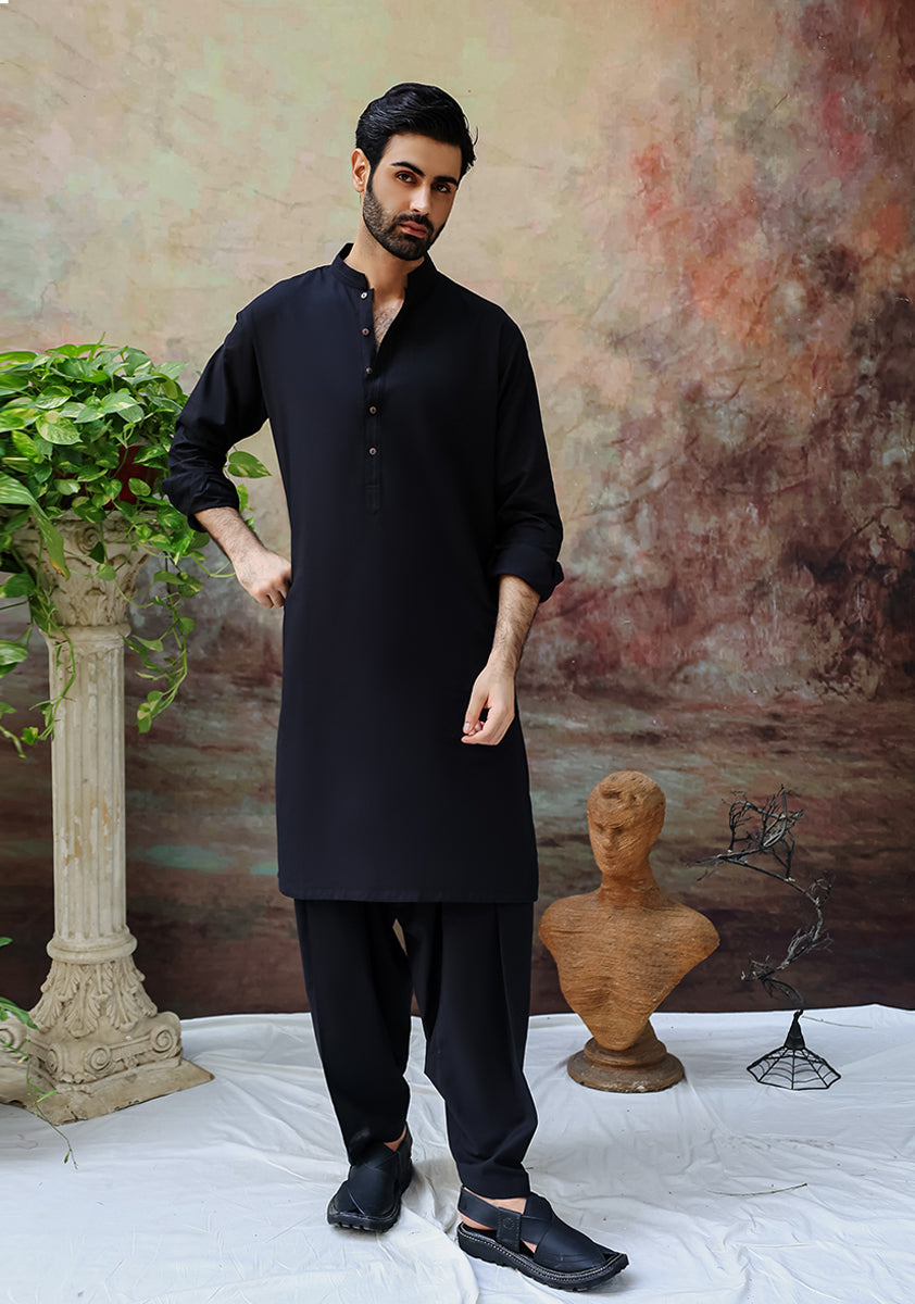 Black Cotton Classic Fit Shalwar Kameez (2-Piece) - Image 1