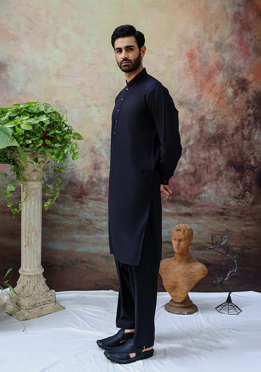 Black Cotton Classic Fit Shalwar Kameez (2-Piece) - Image 3