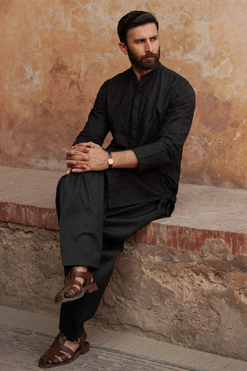 Black Chikankari Premium Cotton Shalwar Kameez (2-Piece) - Image 2