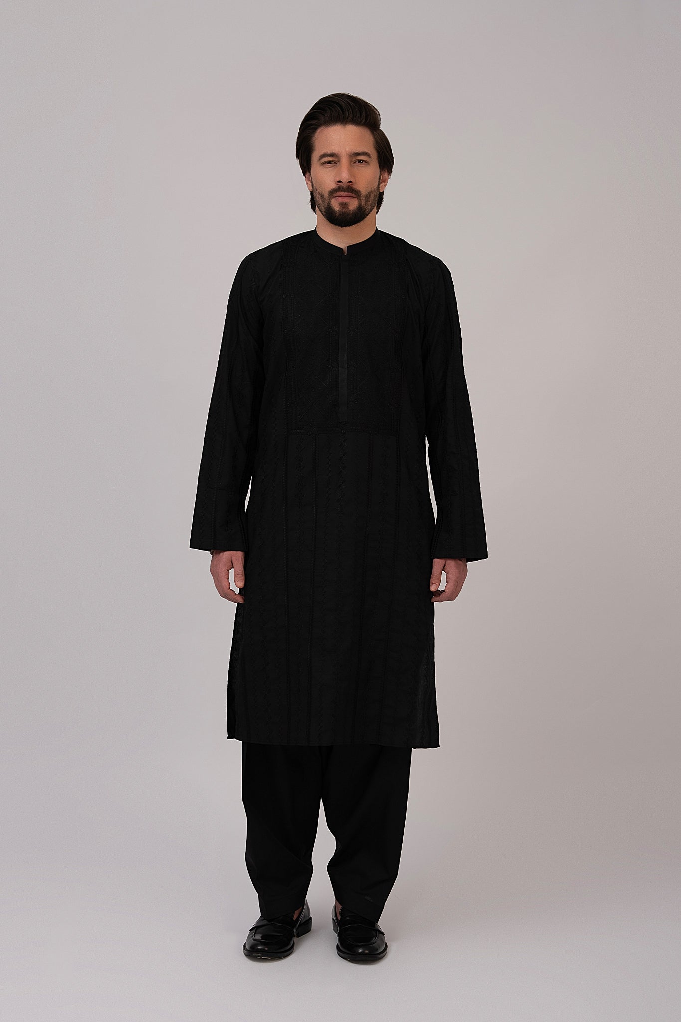 Black Embroidered Cotton Shalwar Kameez (2-Piece) - Image 2