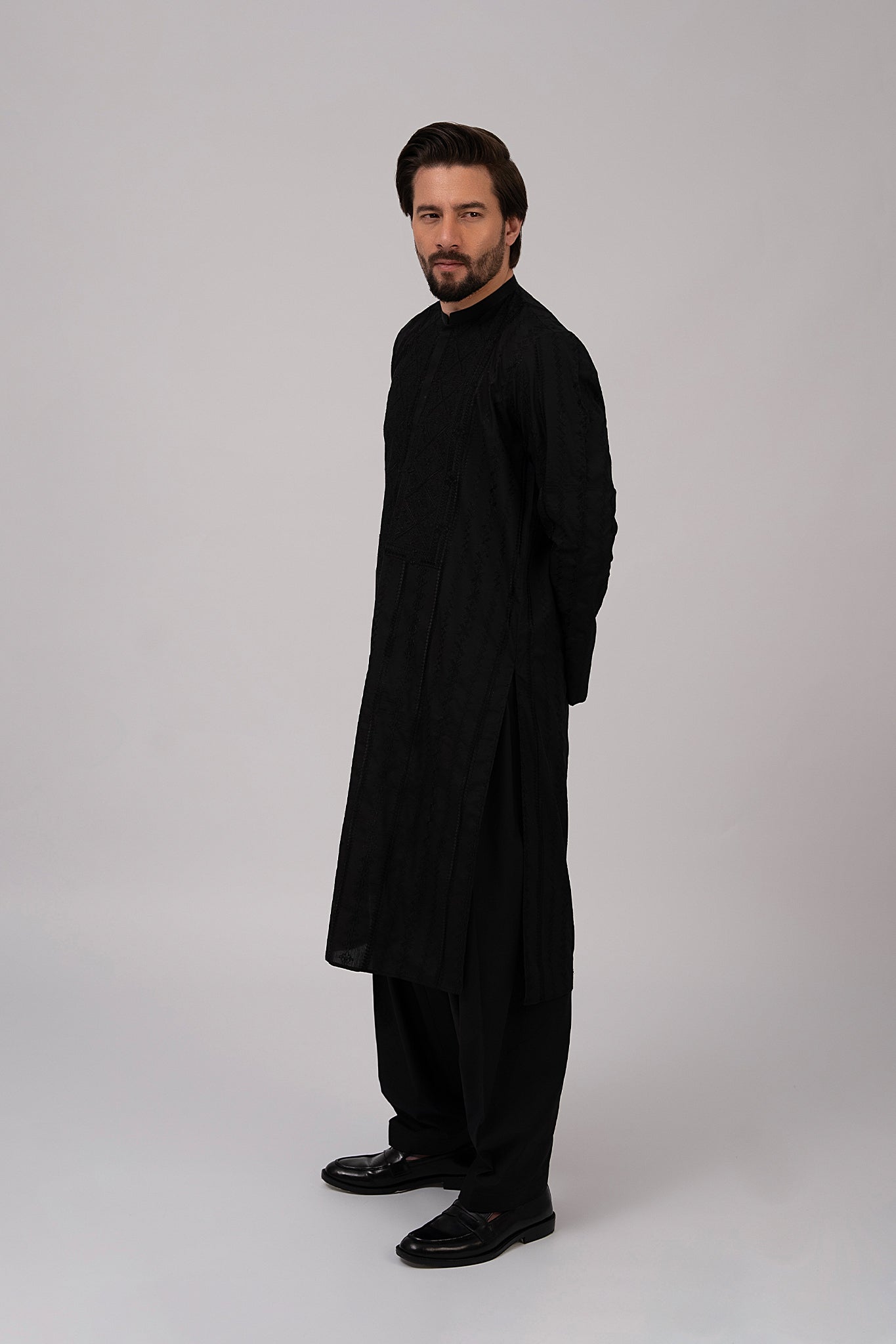 Black Embroidered Cotton Shalwar Kameez (2-Piece) - Image 5