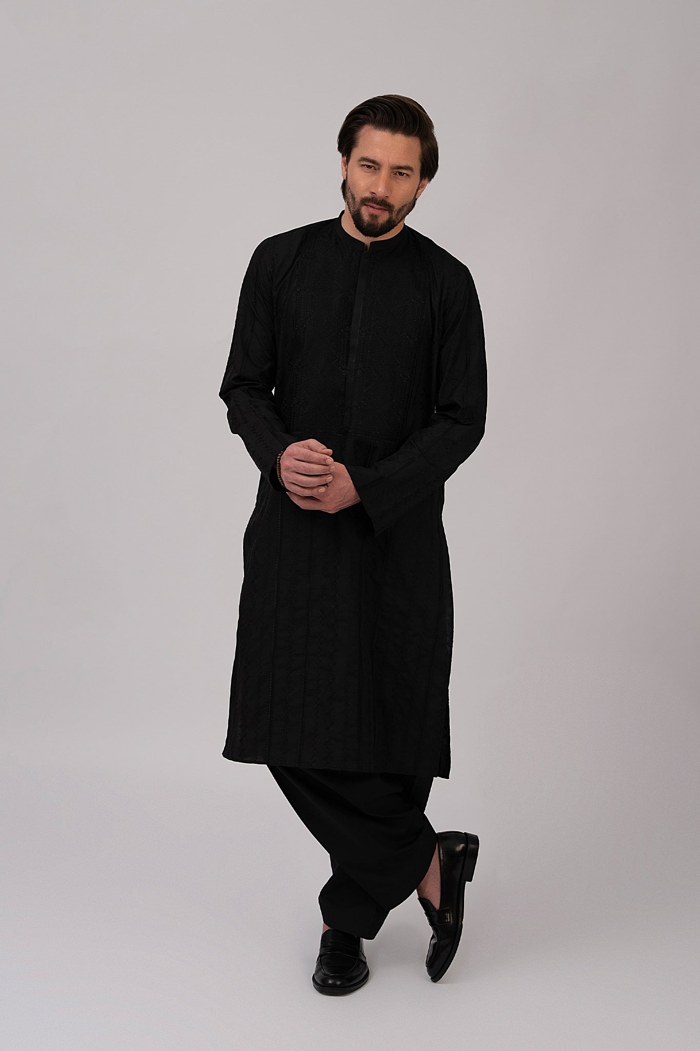 Black Embroidered Cotton Shalwar Kameez (2-Piece) - Image 6