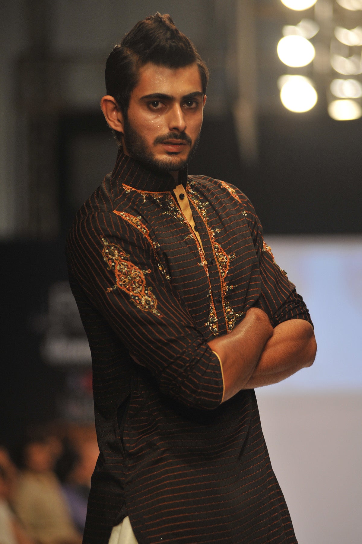 Black Striped Embroidered Cotton Shalwar Kameez (2-Piece) - Image 2