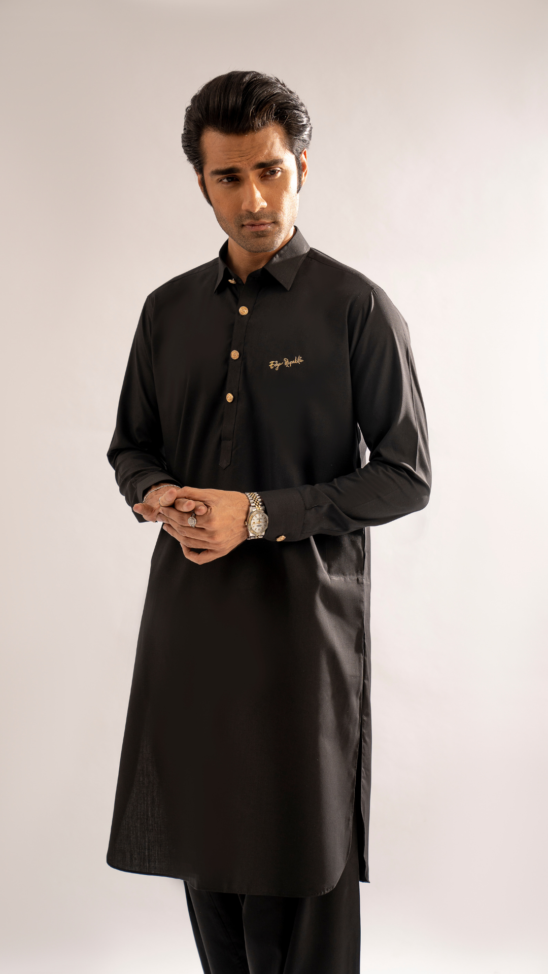 Black Embroidered Cotton Kurta Shalwar (2-Piece) - Image 3