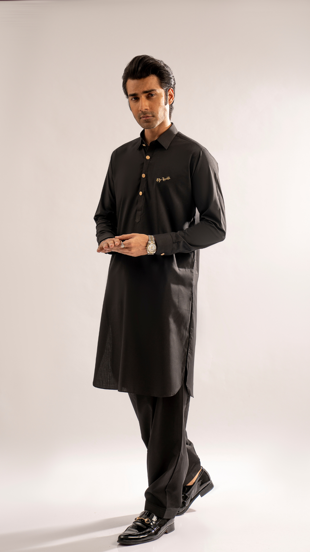 Black Embroidered Cotton Kurta Shalwar (2-Piece) - Image 8