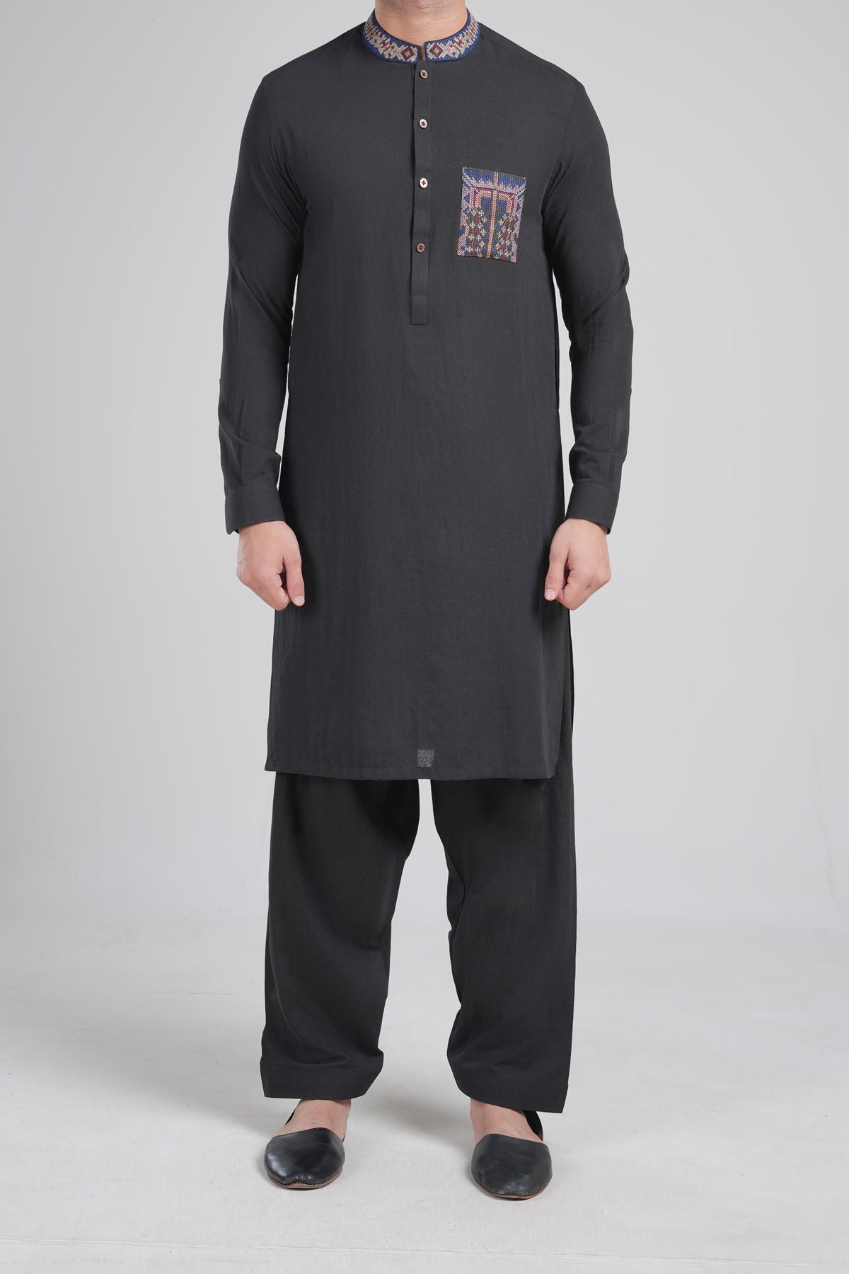 Black Embroidered Cotton Karandi Shalwar Kameez (2-Piece) - Image 1