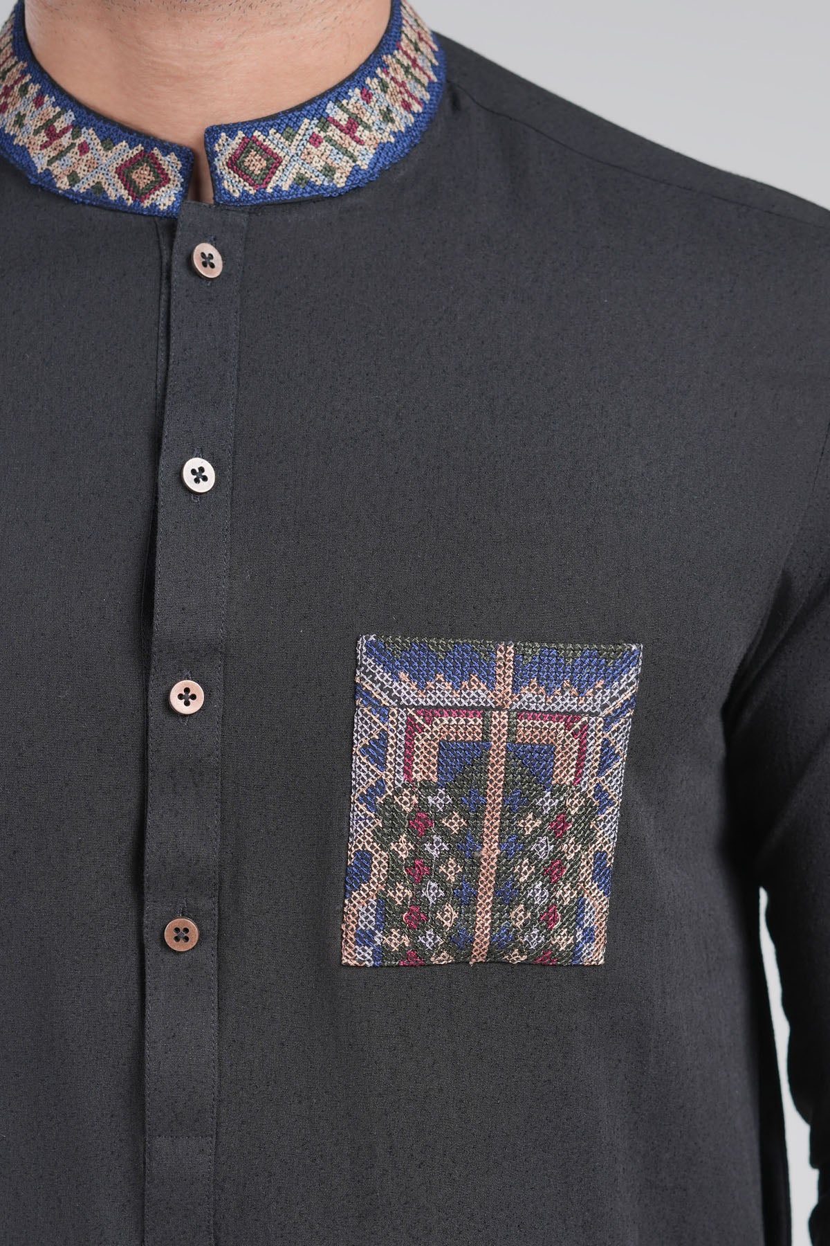 Black Embroidered Cotton Karandi Shalwar Kameez (2-Piece) - Image 2