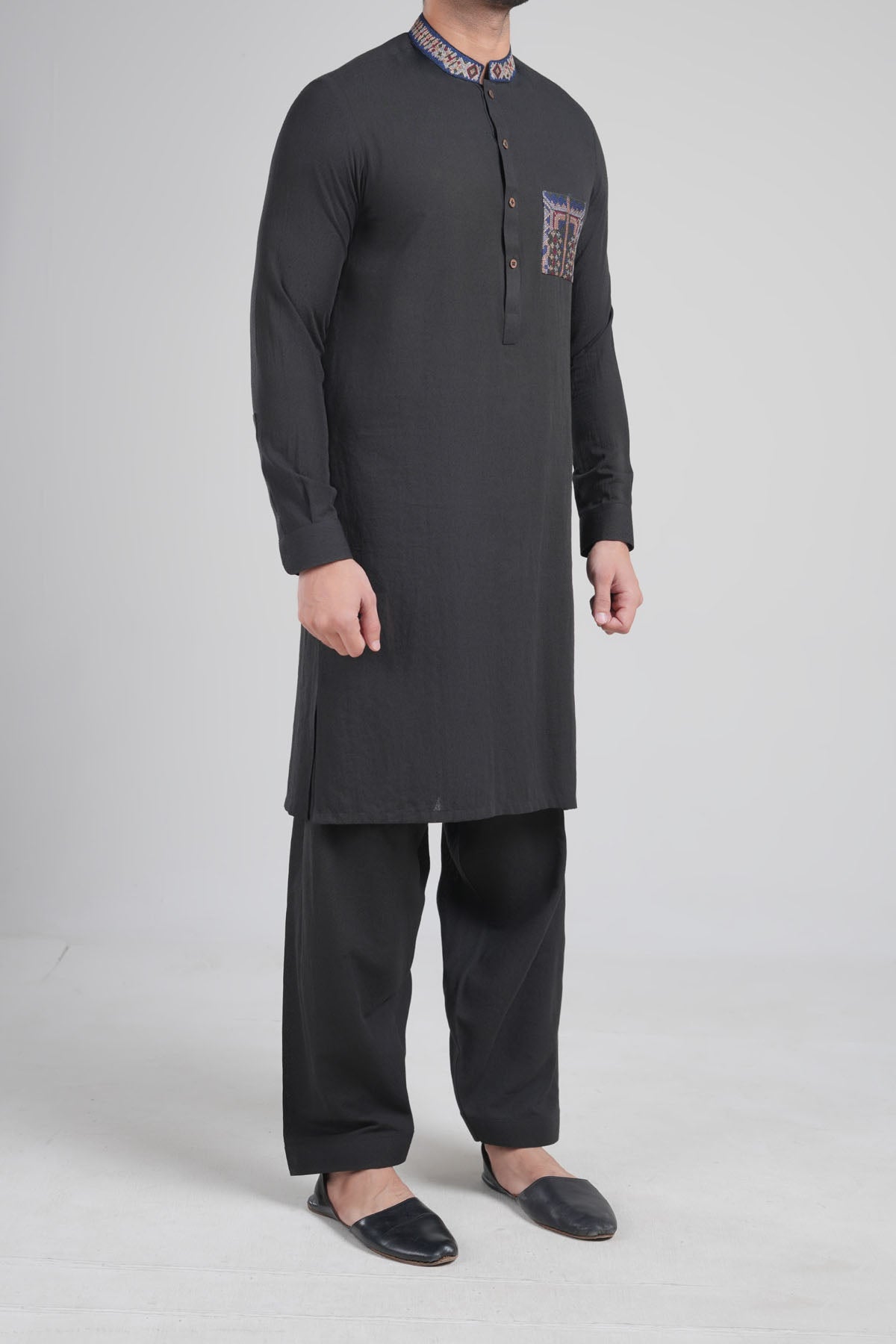 Black Embroidered Cotton Karandi Shalwar Kameez (2-Piece) - Image 3