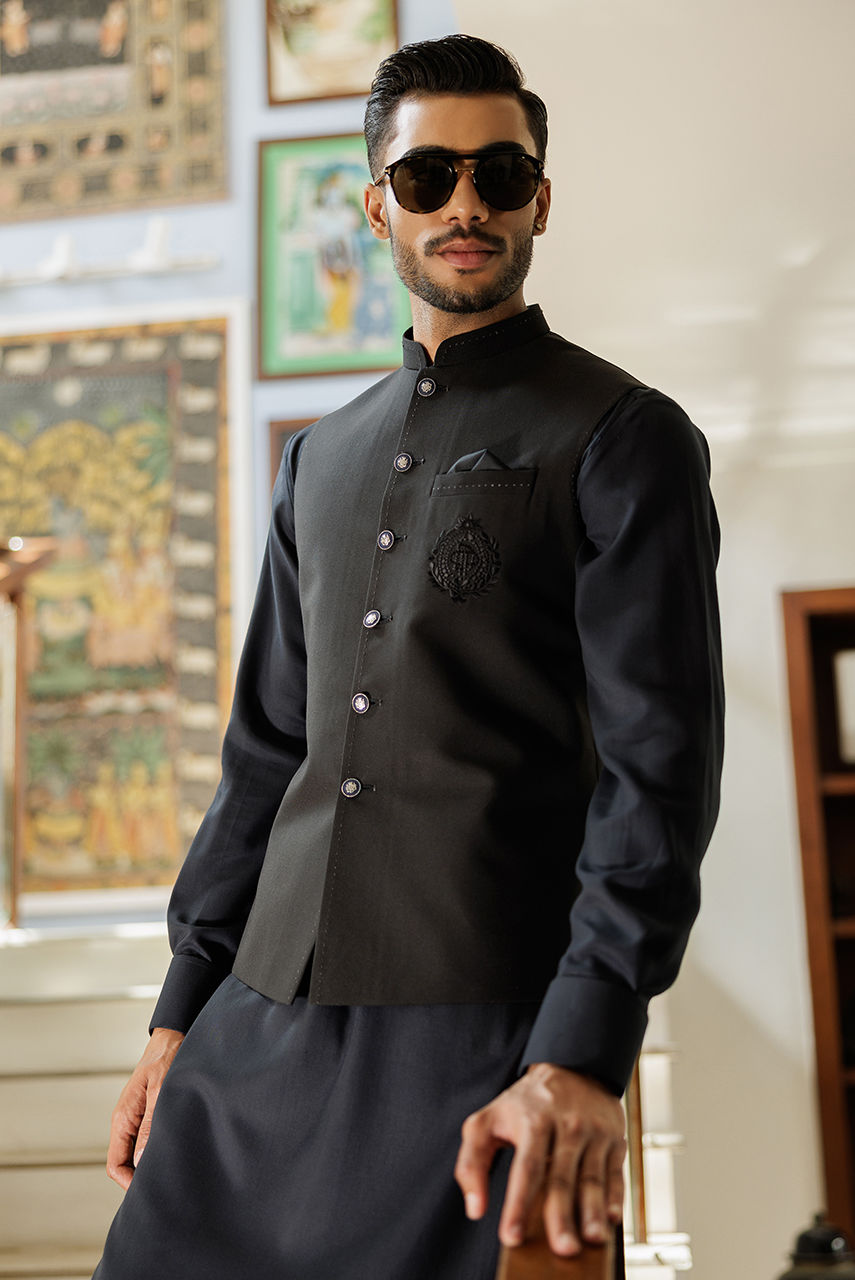 Black Embroidered Cotton Kurta Shalwar (2-Piece) - Image 2