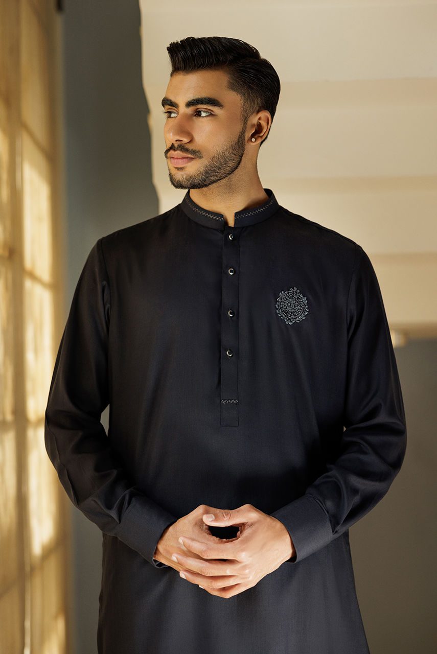 Black Embroidered Cotton Kurta Shalwar (2-Piece) - Image 4