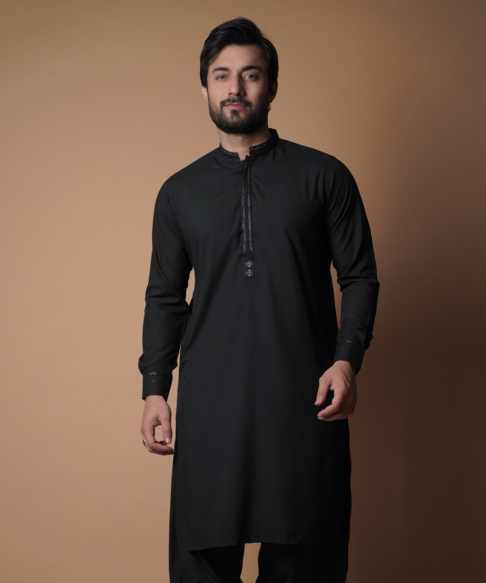 Jet Black Embroidered Soft Cotton Shalwar Kameez (2-Piece) - Image 1
