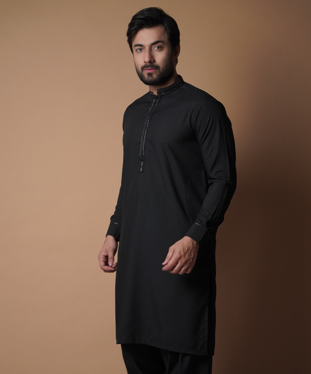 Jet Black Embroidered Soft Cotton Shalwar Kameez (2-Piece) - Image 2