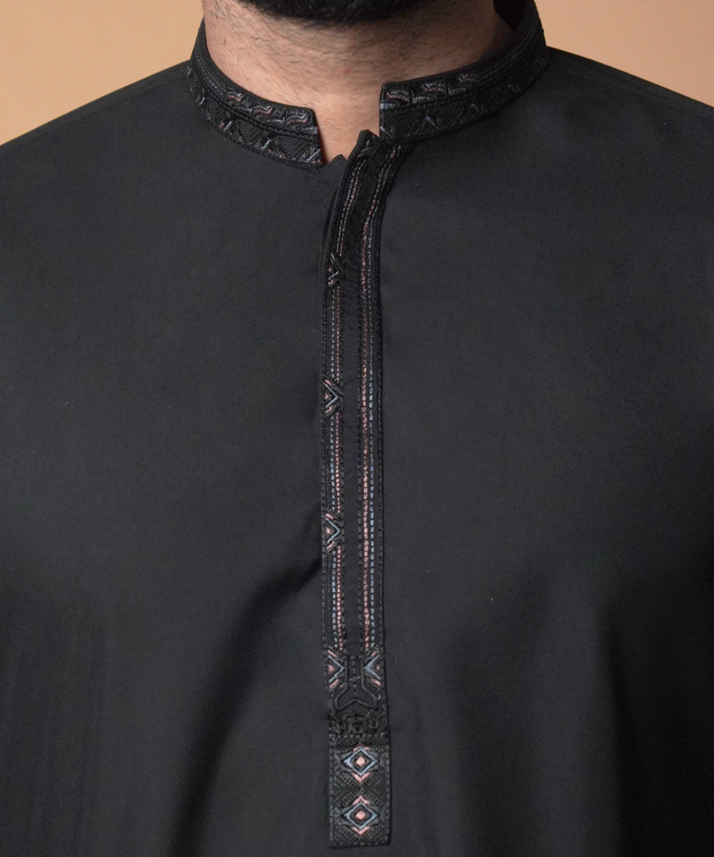 Jet Black Embroidered Soft Cotton Shalwar Kameez (2-Piece) - Image 3