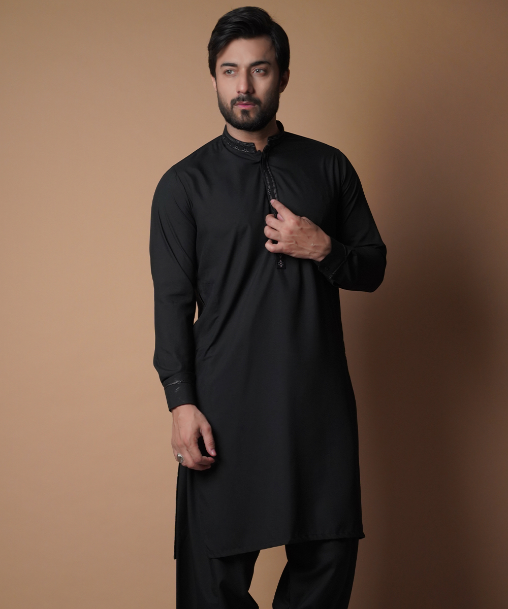 Jet Black Embroidered Soft Cotton Shalwar Kameez (2-Piece) - Image 4