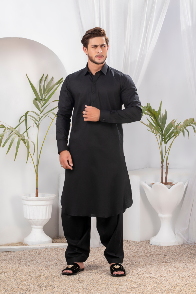 Black Cotton Kameez Shalwar (2-Piece) - Image 2