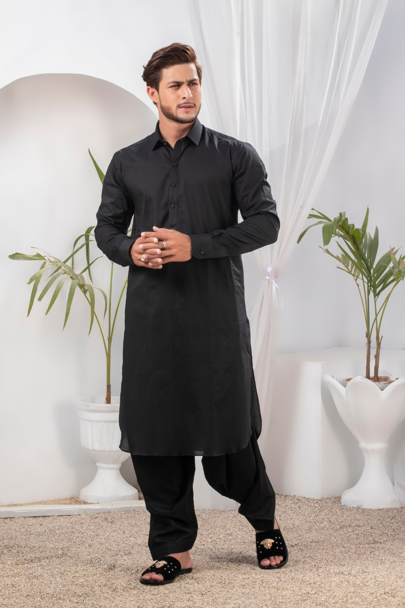 Black Cotton Kameez Shalwar (2-Piece) - Image 3