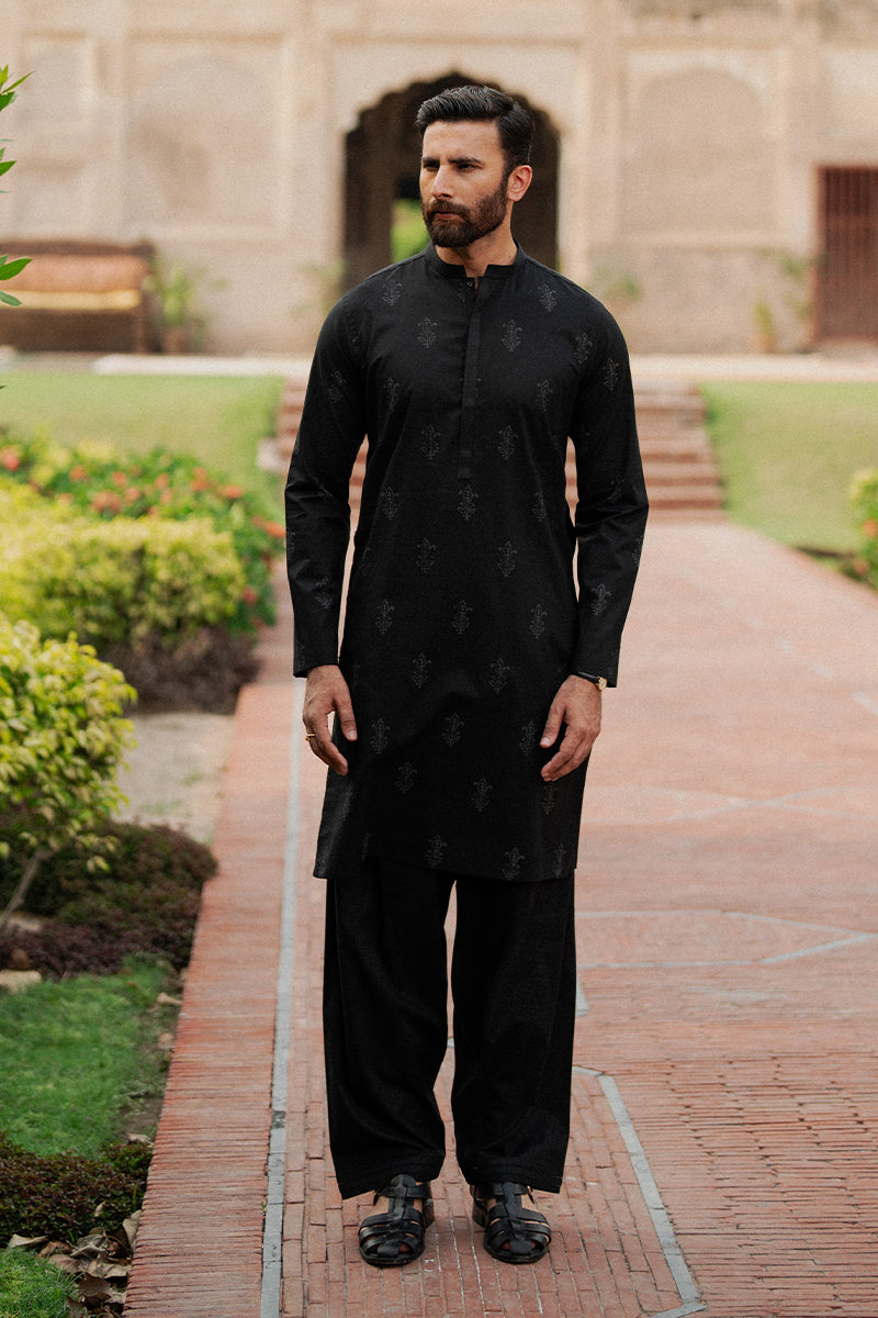 Black Tribal Block Print Cotton Kurta Shalwar (2-Piece) - Image 1