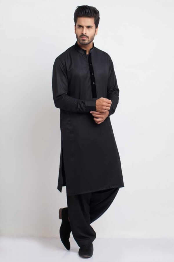 Black Velvet-Detail Soft Cotton Shalwar Kameez (2-Piece) - Image 1