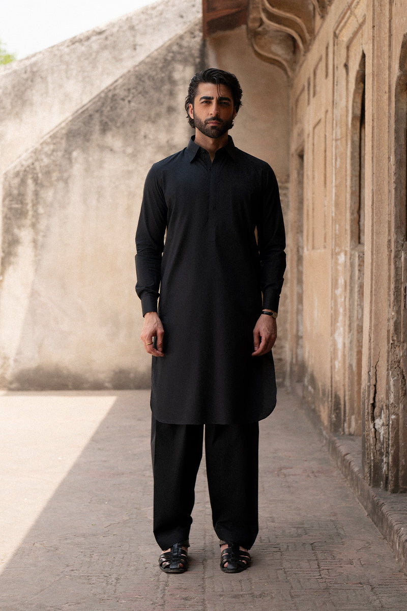 Ebony Black Top-Stitched Egyptian Cotton Shalwar Kameez (2-Piece) - Image 1
