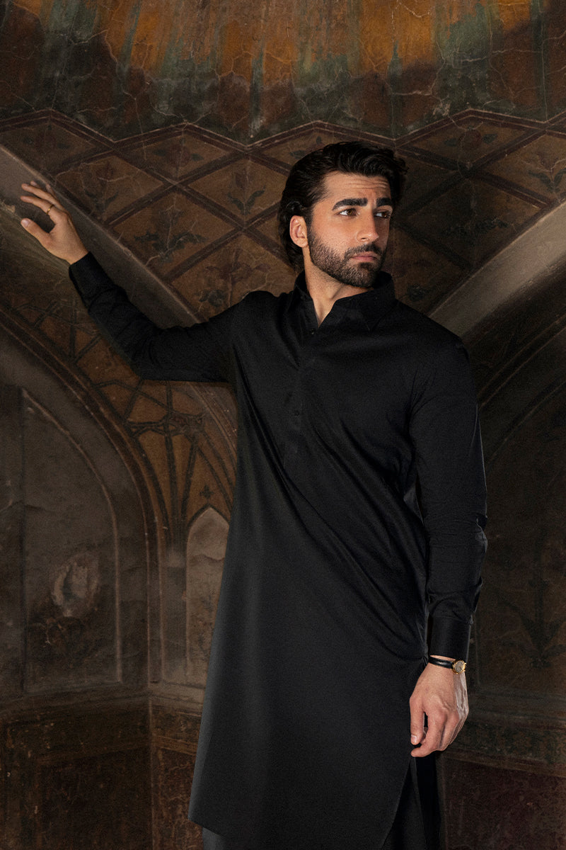 Ebony Black Top-Stitched Egyptian Cotton Shalwar Kameez (2-Piece) - Image 2