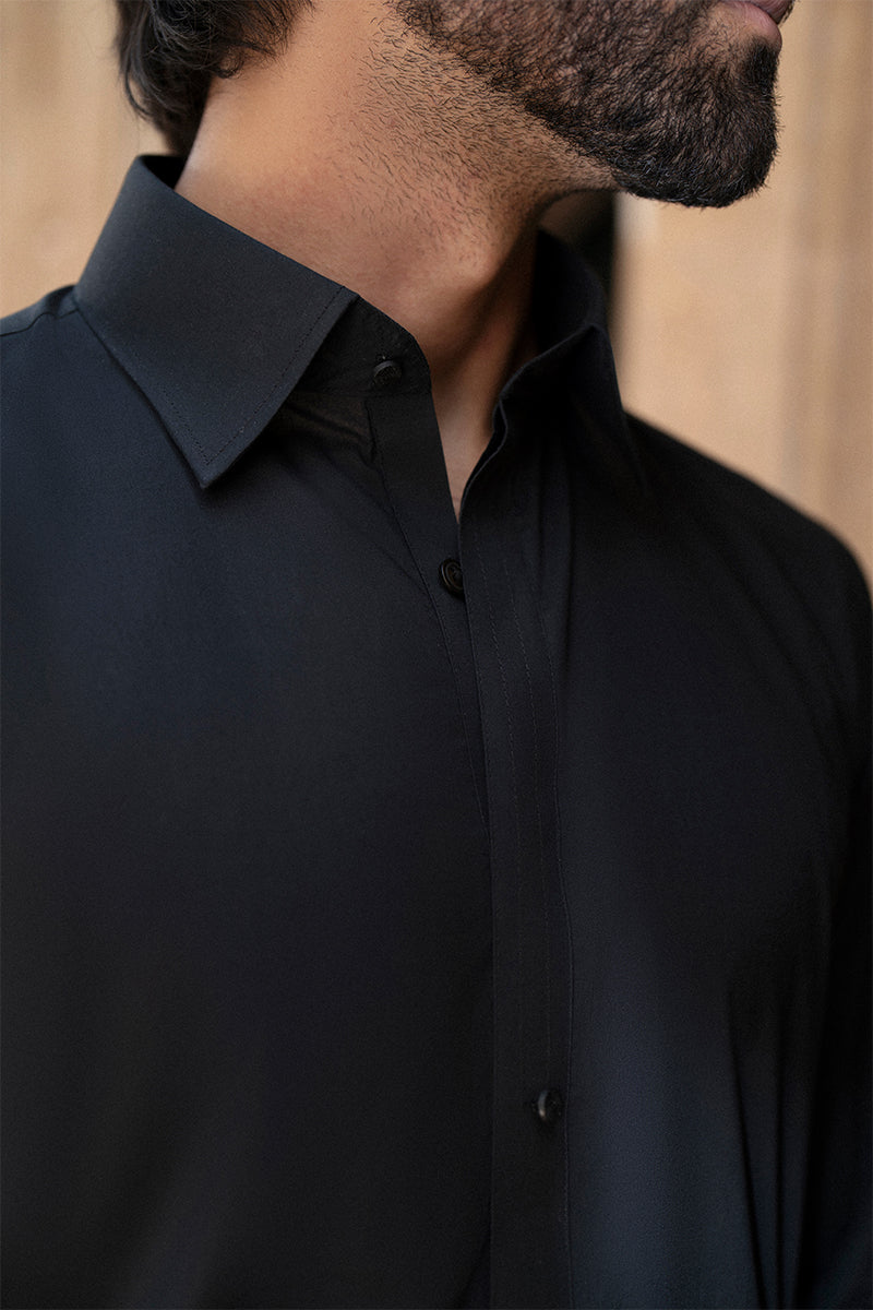 Ebony Black Top-Stitched Egyptian Cotton Shalwar Kameez (2-Piece) - Image 3