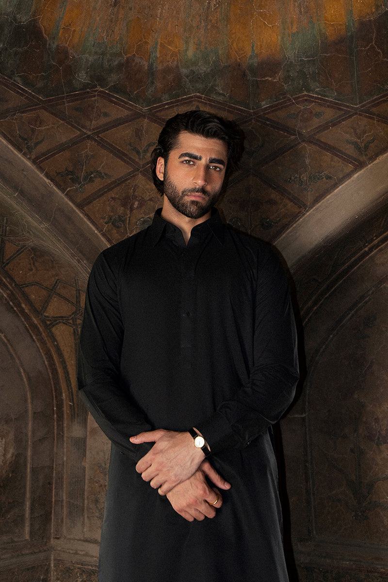Ebony Black Top-Stitched Egyptian Cotton Shalwar Kameez (2-Piece) - Image 4