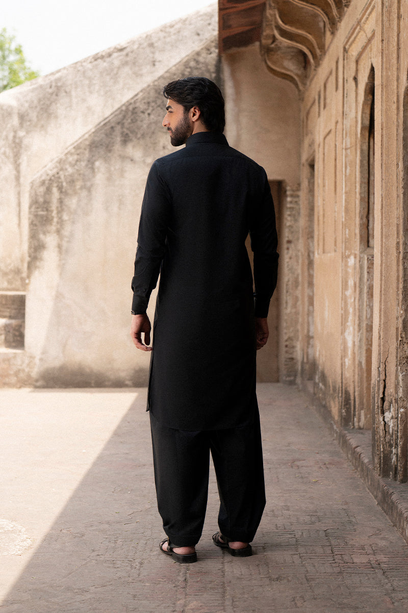 Ebony Black Top-Stitched Egyptian Cotton Shalwar Kameez (2-Piece) - Image 6