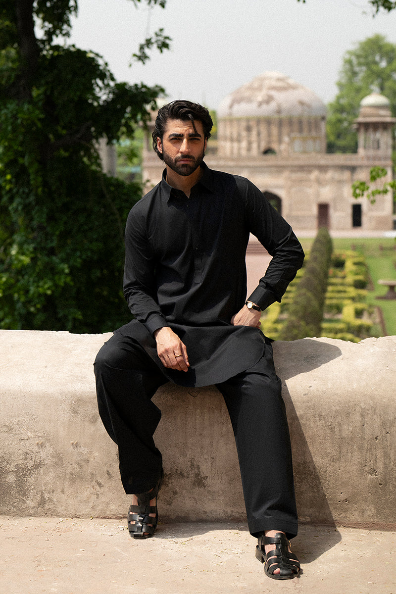 Ebony Black Top-Stitched Egyptian Cotton Shalwar Kameez (2-Piece) - Image 7