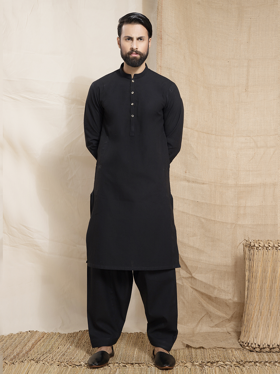 Black Khadi Cotton Shalwar Kameez (2-Piece) - Image 1