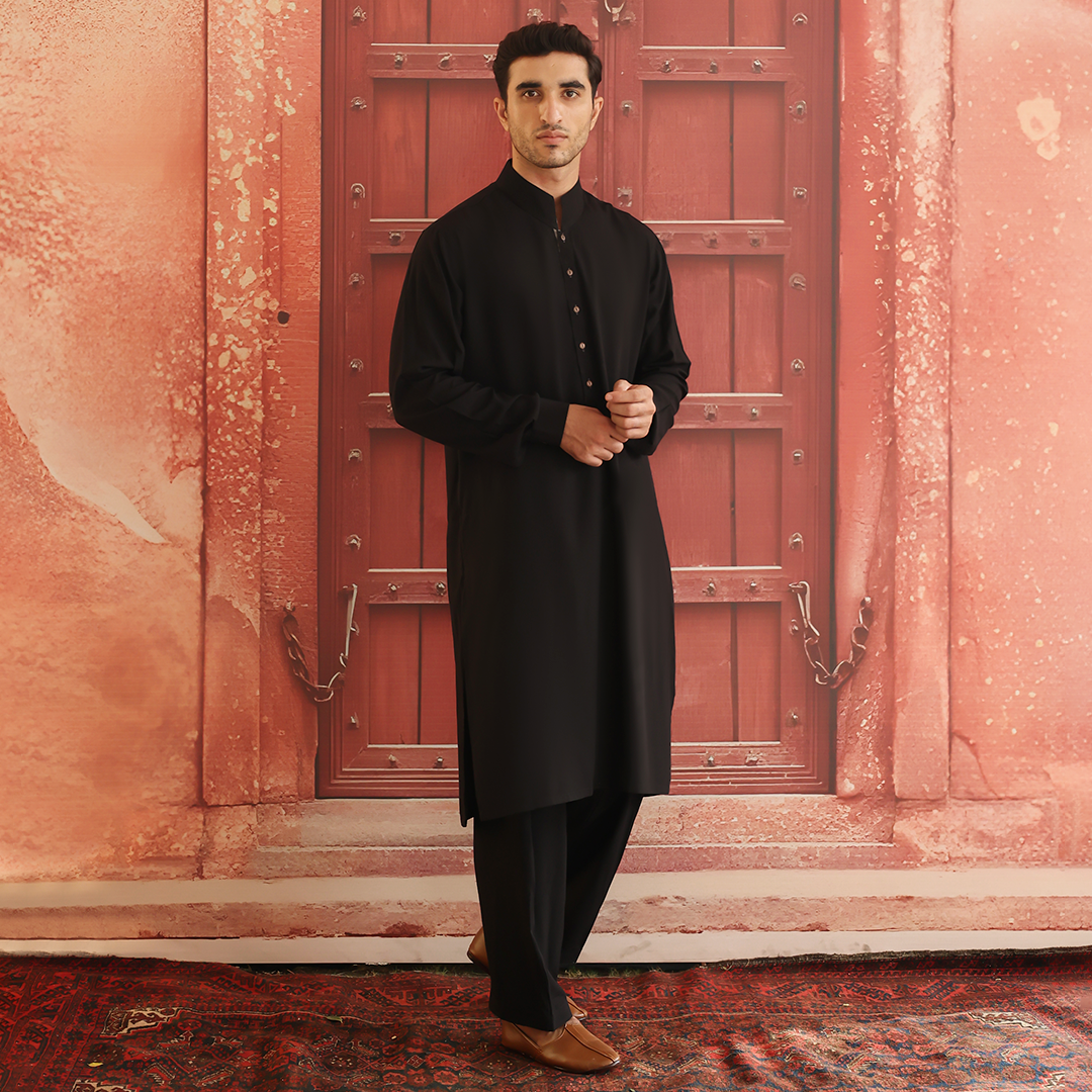 Black Linen Classic Fit Shalwar Kameez (2-Piece) - Image 3