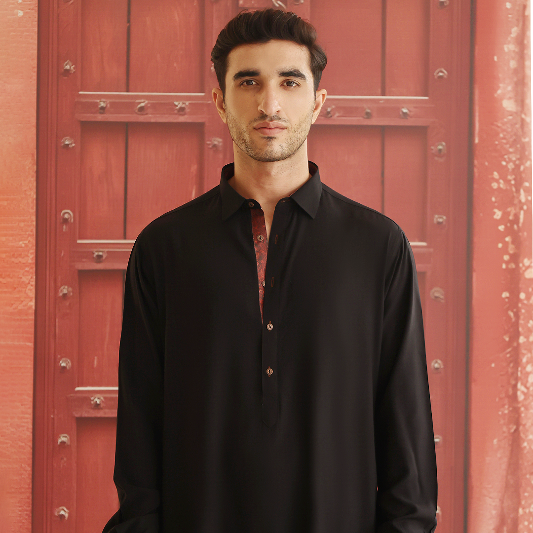 Black Linen Classic Fit Shalwar Kameez (2-Piece) - Image 3