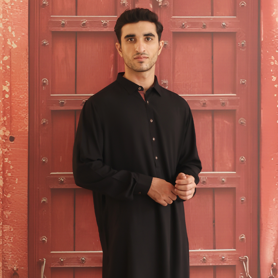 Black Linen Classic Fit Shalwar Kameez (2-Piece) - Image 6