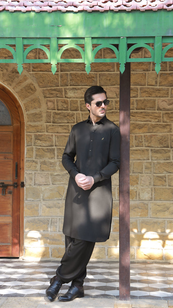 Black Cut-Dana Linen Shalwar Kameez (2-Piece) - Image 1