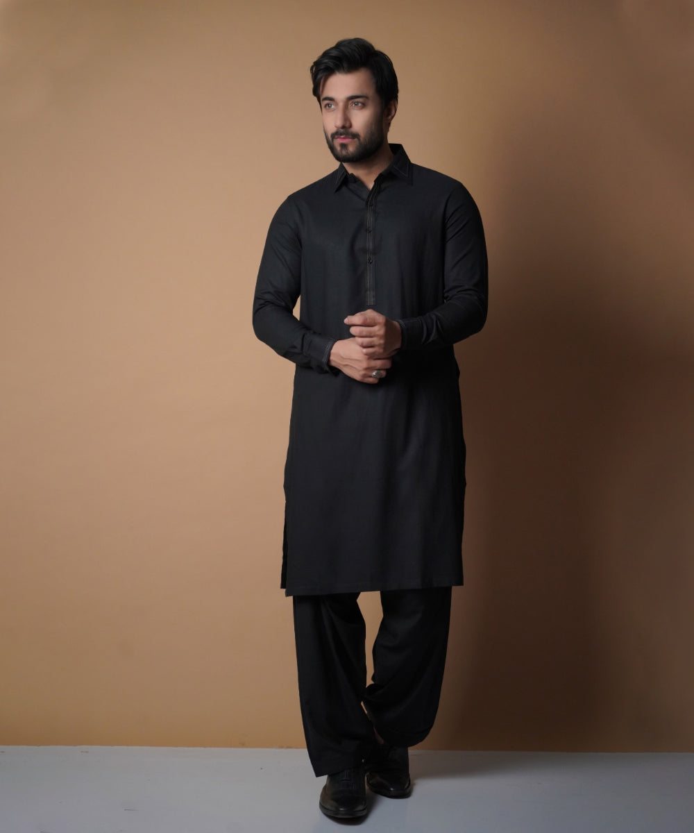 Black Premium Fabric Shalwar Kameez (2-Piece) - Image 3