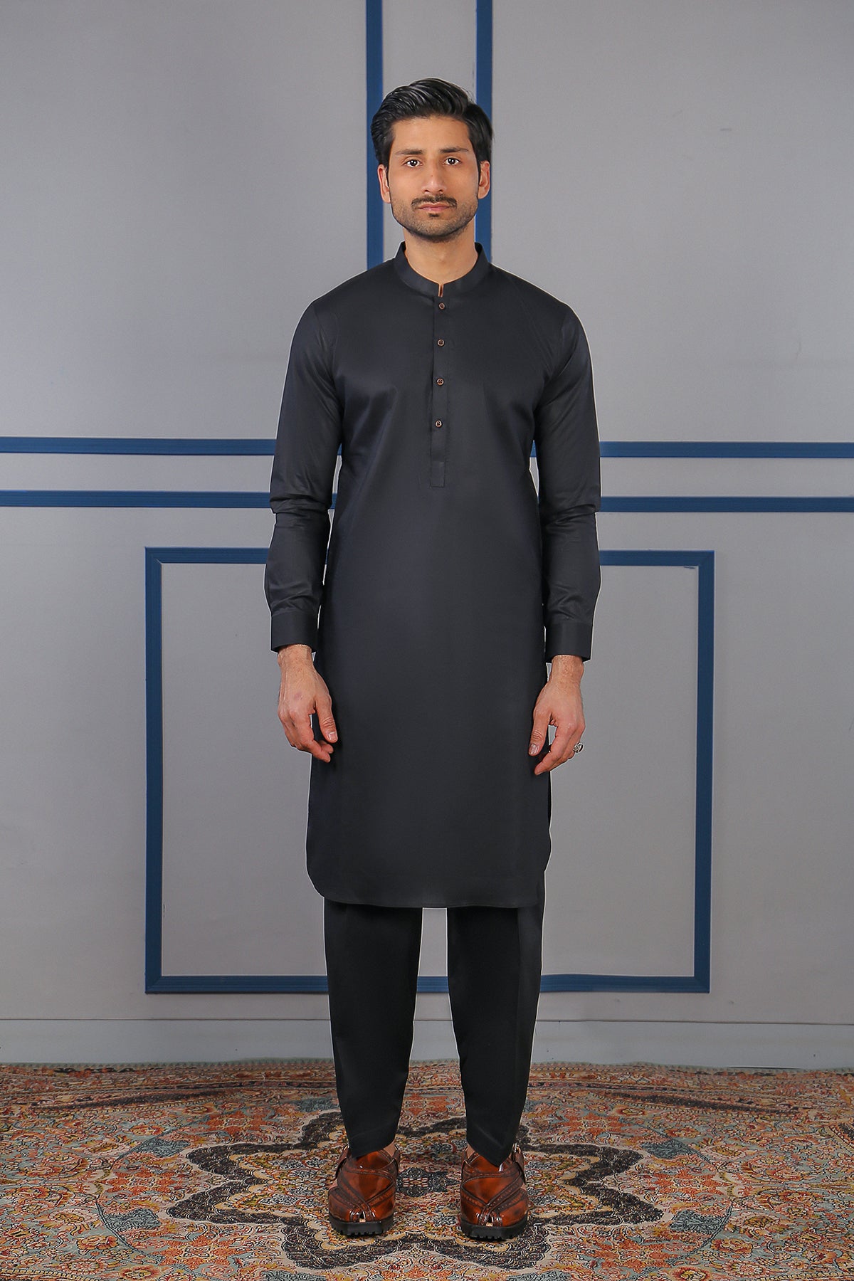 Black Pima Cotton Kurta Shalwar (2-Piece) - Image 1