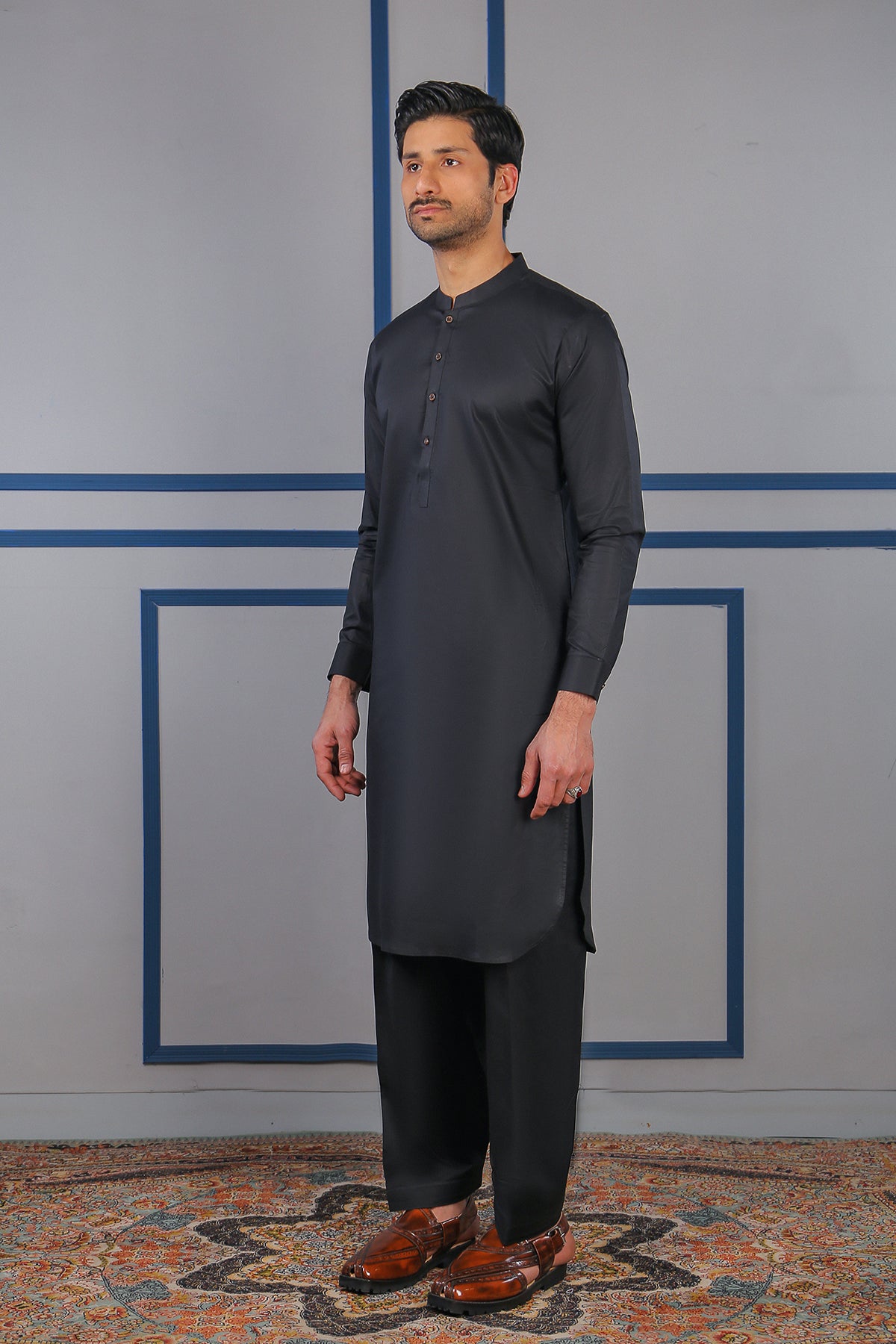 Black Pima Cotton Kurta Shalwar (2-Piece) - Image 2