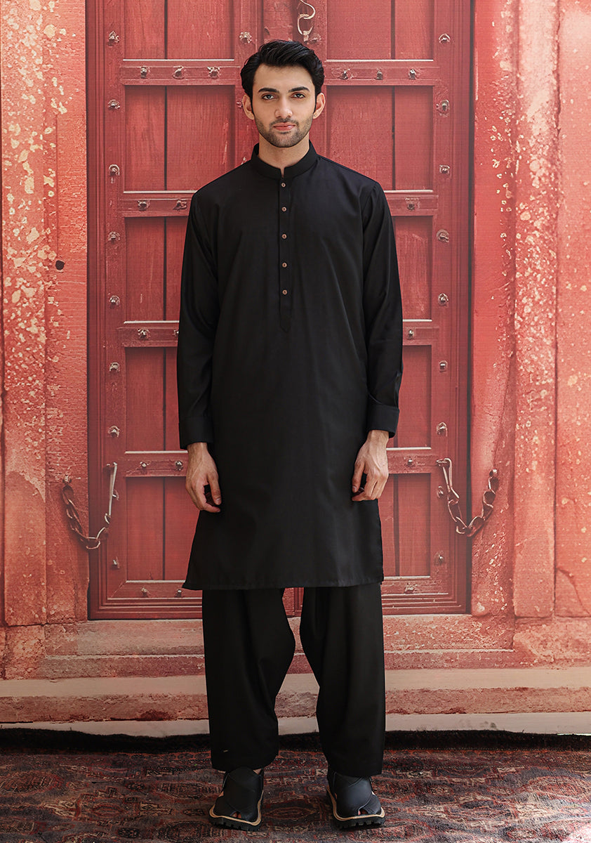 Black Poly Viscose Classic Fit Shalwar Kameez (2-Piece) - Image 1